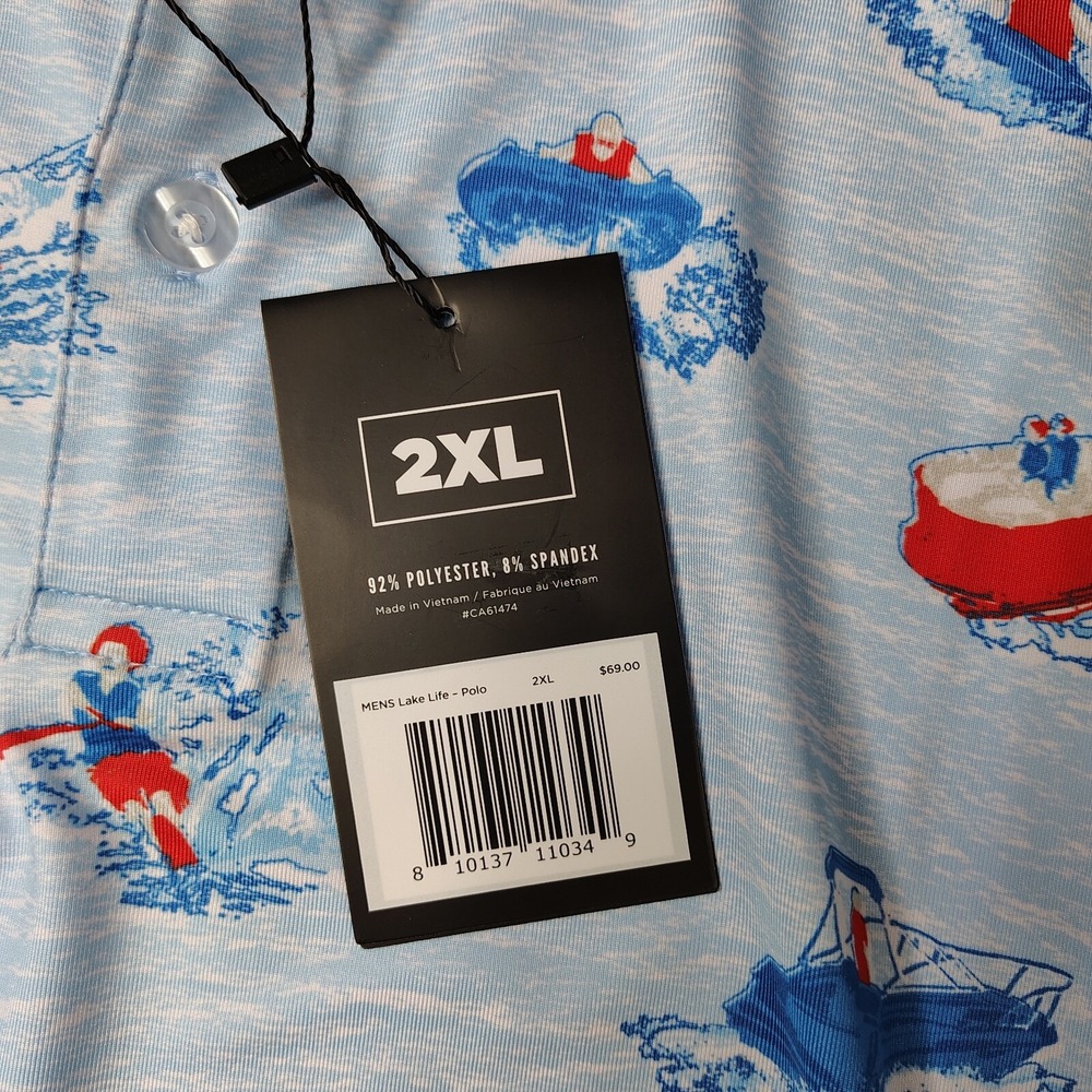 Waggle Lake‎ Life Polo Shirt Mens 2XL Light Blue Boat Print Performance Stretch - Picture 9 of 11